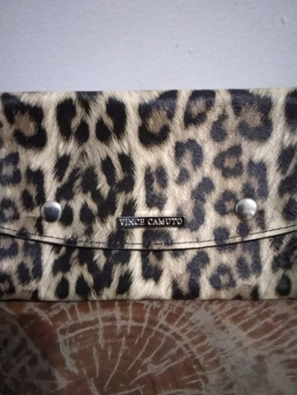 Vince Camuto Leopard Print Envelope Clutch in Tan and Black